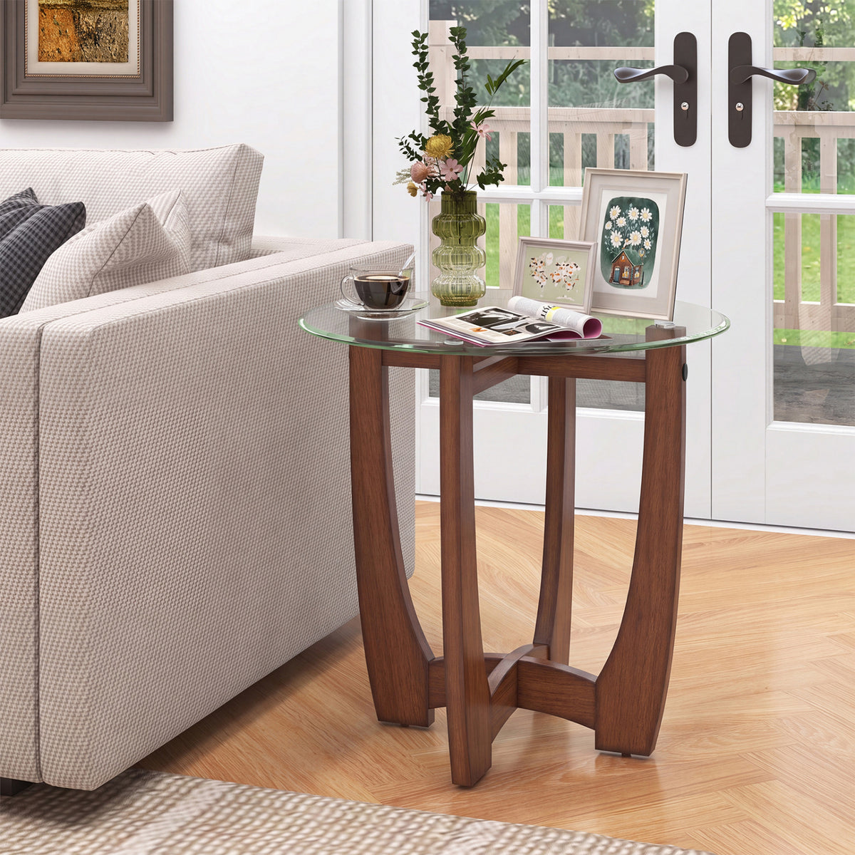 23.5 Inch Round End Side Table with Tempered Glass Tabletop-Walnut