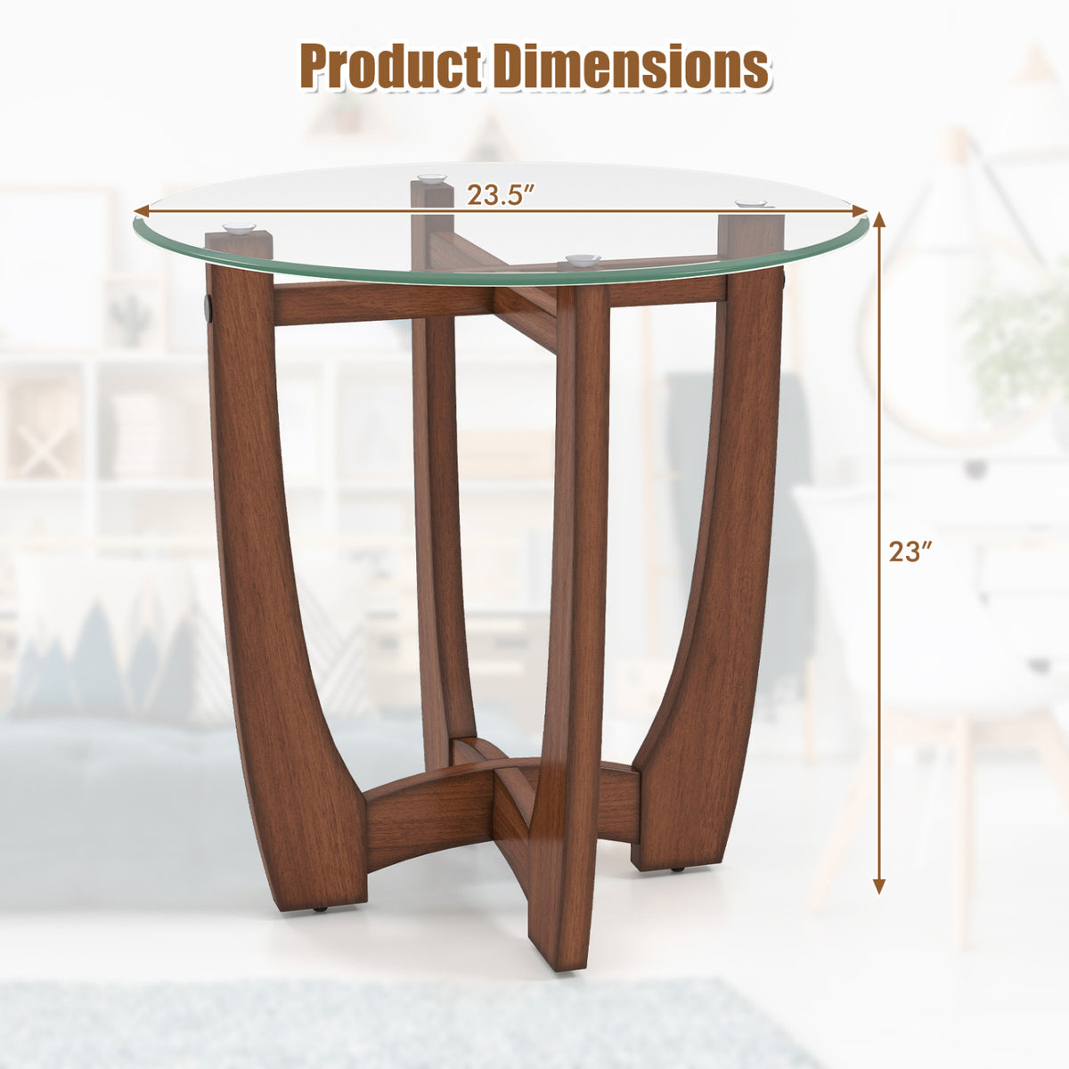 23.5 Inch Round End Side Table with Tempered Glass Tabletop-Walnut