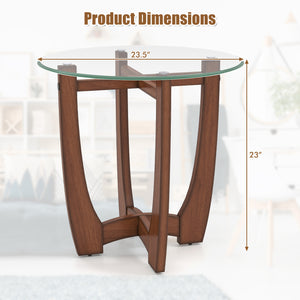 23.5 Inch Round End Side Table with Tempered Glass Tabletop-Walnut