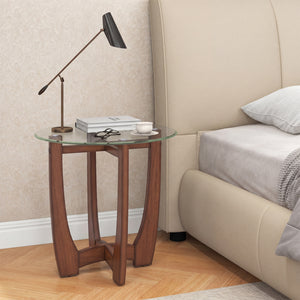 23.5 Inch Round End Side Table with Tempered Glass Tabletop-Walnut