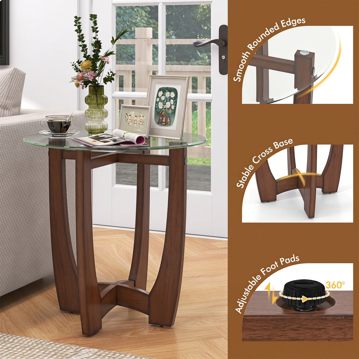 23.5 Inch Round End Side Table with Tempered Glass Tabletop-Walnut