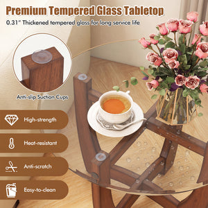 23.5 Inch Round End Side Table Set of 2 with Tempered Glass Tabletop-Walnut