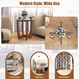 23.5 Inch Round End Side Table Set of 2 with Tempered Glass Tabletop-Walnut