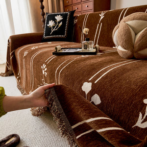 Chenille Jacquard Sofa Throw Cover with Tassel Soft Thick Couch Protector Blanket