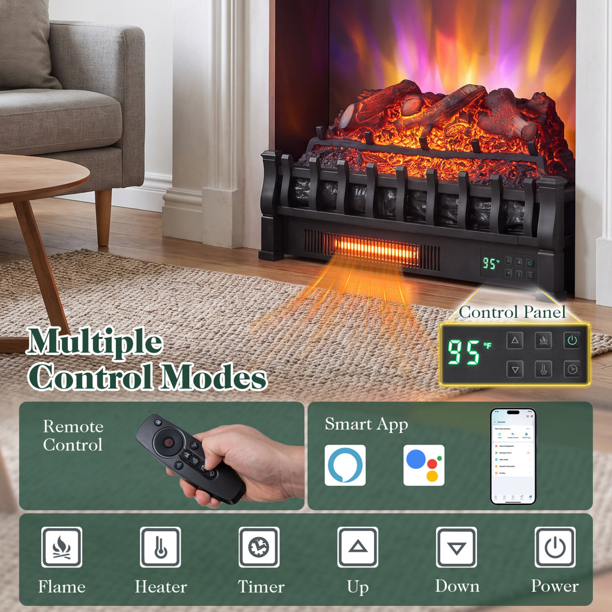 23" WiFi Fireplace Insert Lemonwood Set with App and Remote-Black