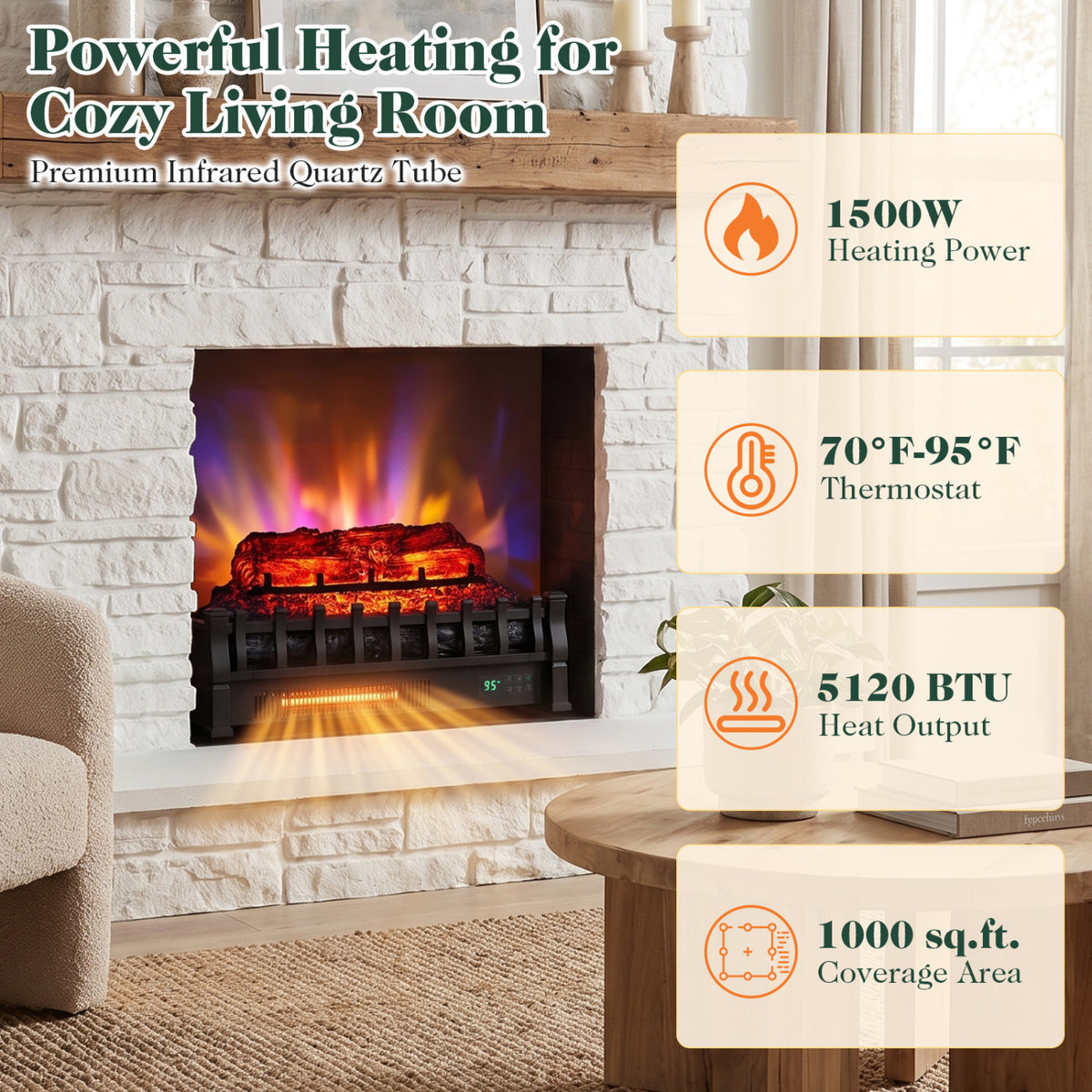 23" WiFi Fireplace Insert Pinewood Set with App and Remote-Black