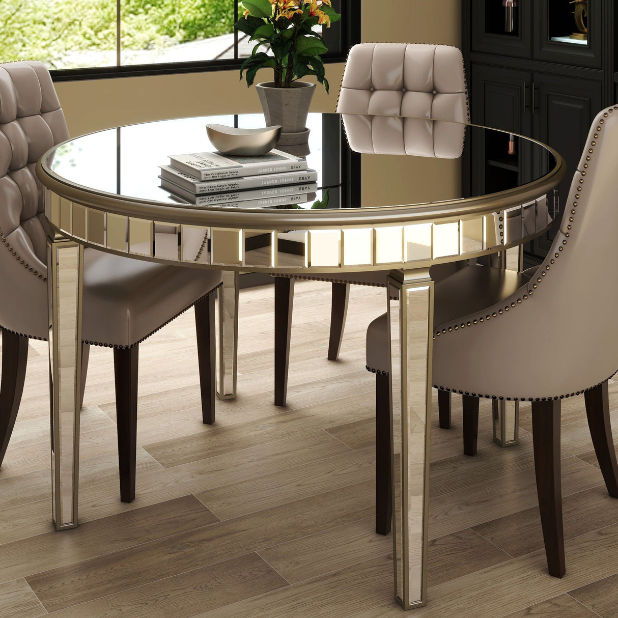 Round Glass Dining Table With Mirror Top - Silver by Couch.com