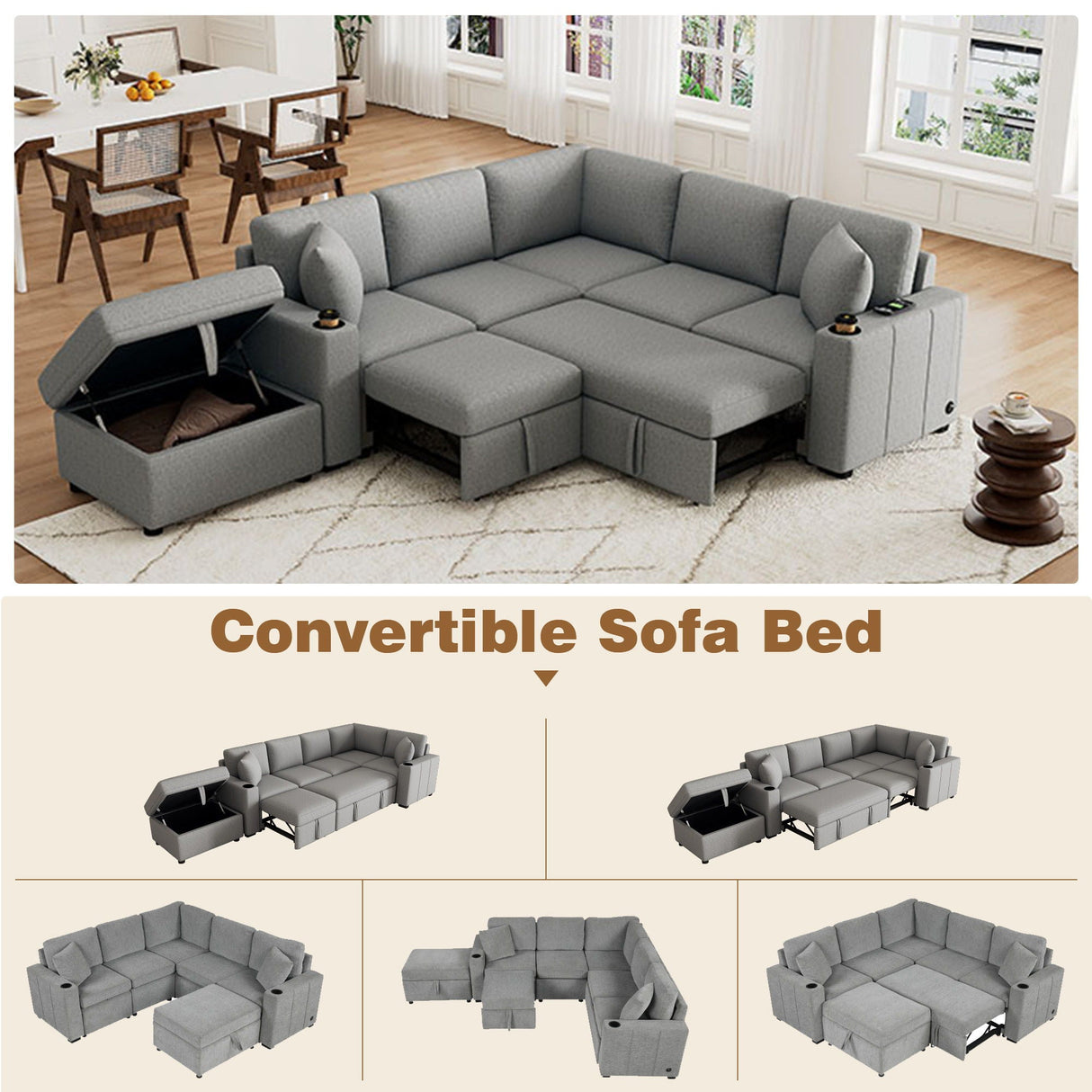 Sectional Sofa Convertible Pull-Out Sofa Bed With A Movable Storage Ottoman For Living Room by Couch.com