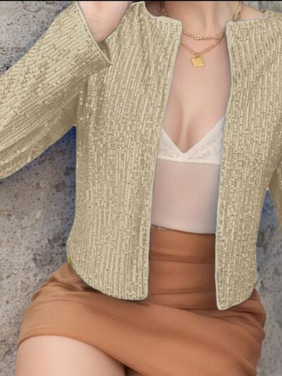 Elegant Women Full-Size Sequin Open Front Cropped Jacket With Glamorous Sparkle Luxury Women Party Jacket
