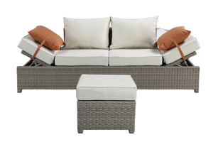 Salena - All Weather Wicker Patio Sofa & Ottoman With 2 Toss Pillows - Beige / Gray by Couch.com