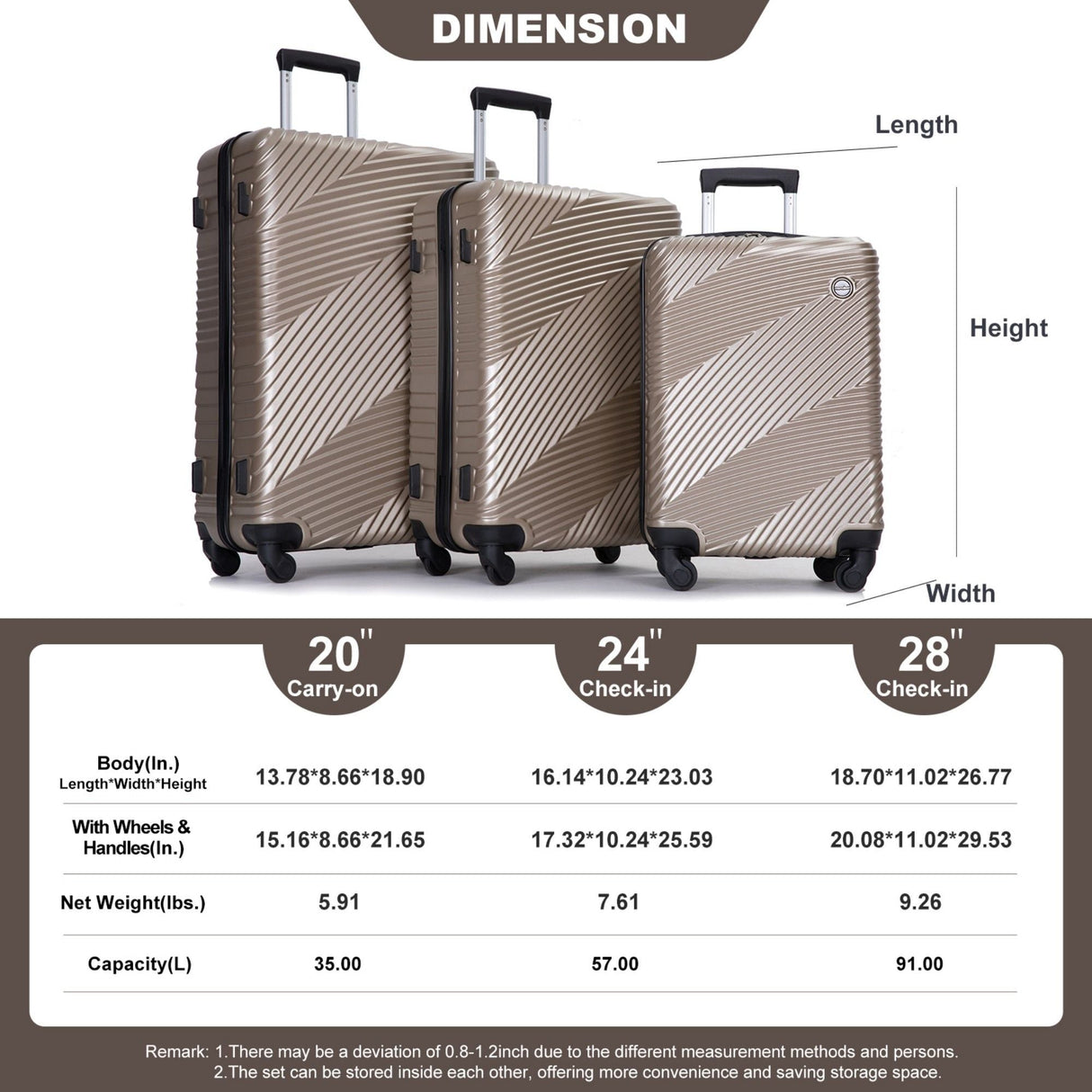 3 Piece Luggage Sets Lightweight Suitcase With Two Hooks, Spinner Wheels, by Couch.com