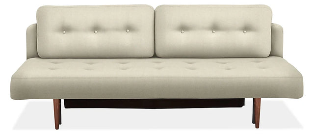 Introducing the Deco Convertible Sleeper Sofa: a modern, minimalist beige sofa featuring button tufting on the backrest and seat. This sleek design is complemented by wooden legs, embodying simplicity and elegance.