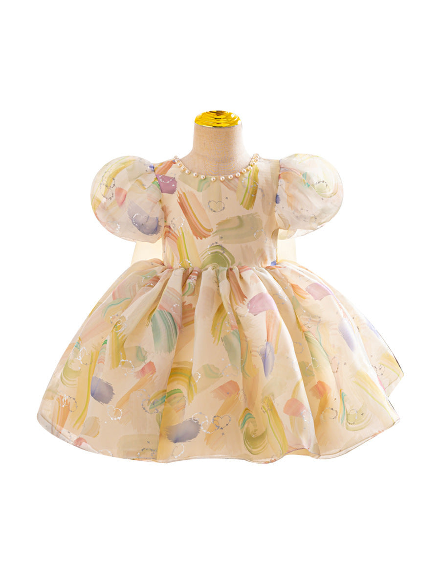 Fashion Puff Sleeve Bowknot Girl Dress