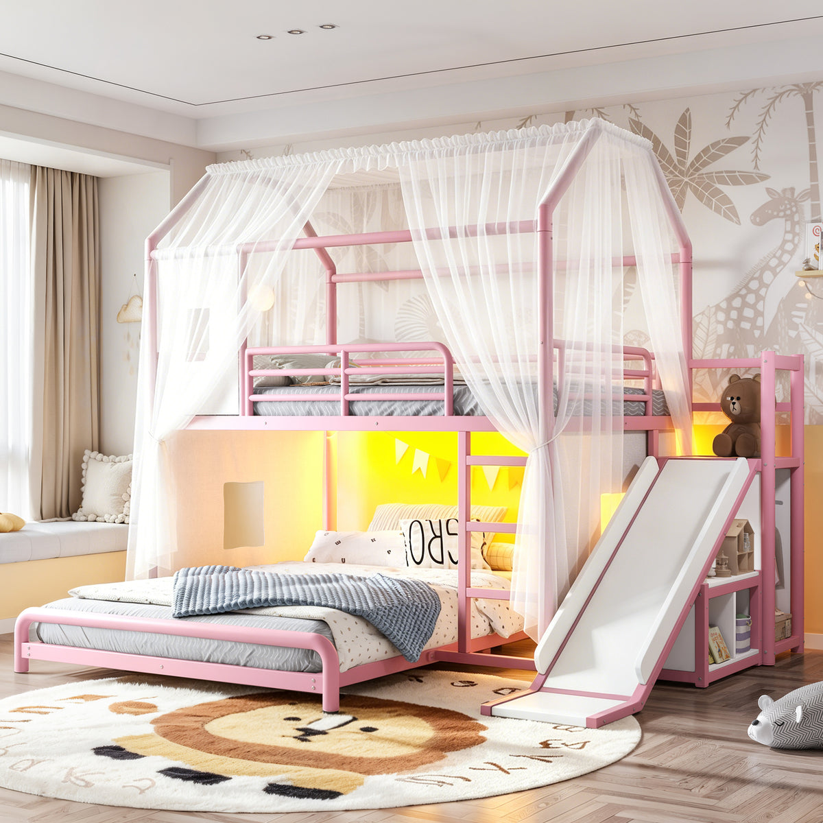 Full over Full Playhouse Metal Bunk Bed with Slide & Ladder, House-Style Bunk Bed with LED Light Strip, Privacy Curtain, Movable Storage Cabinet and Hanging Rod, Full over Full Kids Bunk Bed, Pink