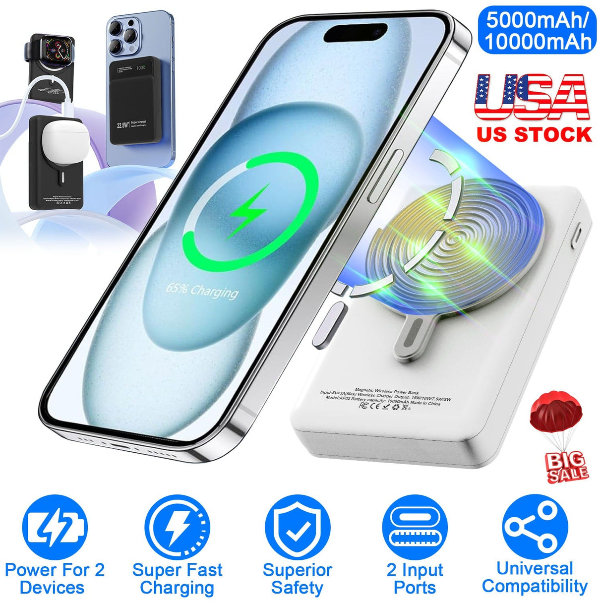 10000mAh Magsafe 3 In 1 Portable Charger PD22.5W Magnetic Fast Charger Fast Charging Power Bank Fit For IOS Phone 15/14 Samsung Galaxy S24 And More by DirectDeals