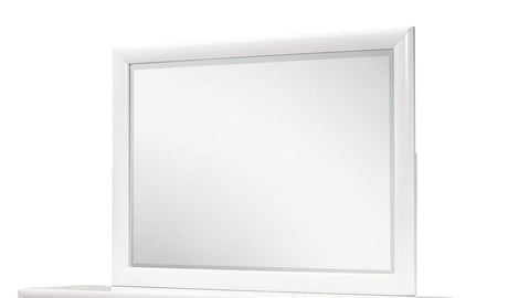 The Civic Mirror, featuring a white frame, reflects an empty white background. It's positioned on a plain white surface, offering a minimalist and clean look.