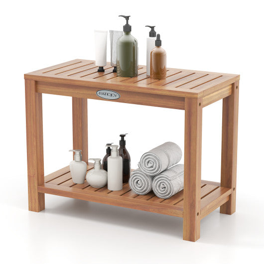 24 Inch Teak Wood Shower Bench Inside Shower Stool with Storage Shelf