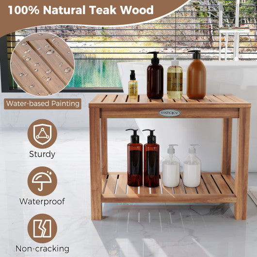 24 Inch Teak Wood Shower Bench Inside Shower Stool with Storage Shelf