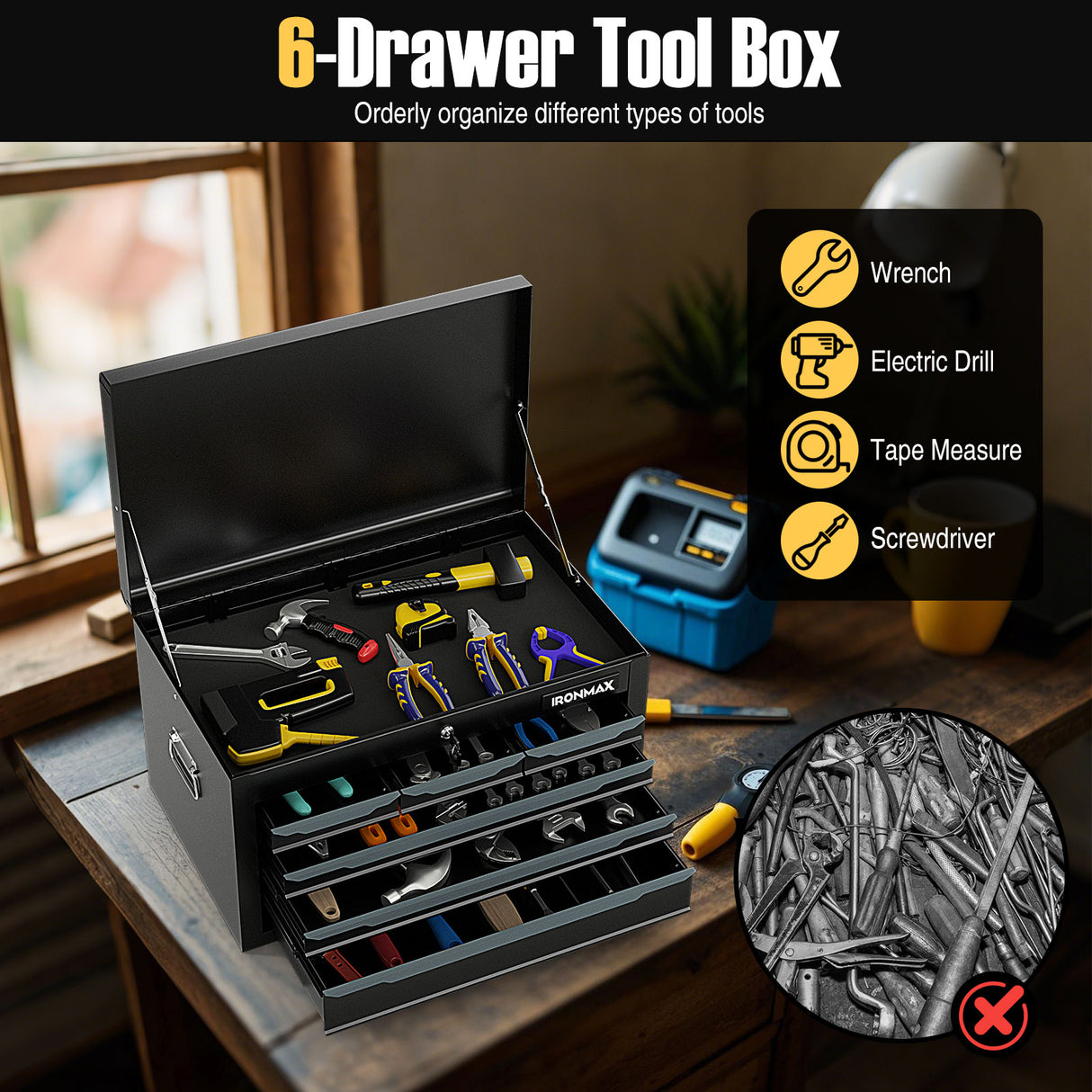 24 Inch Tool Chest Case with 6 Drawers and Top Storage for Garage Repair Shop & Warehouse-Black