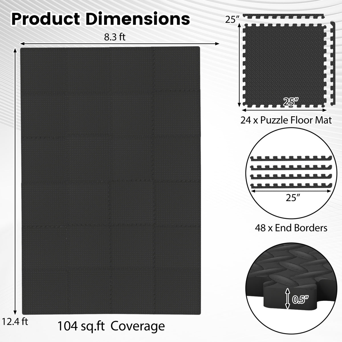 24Tiles 1/2" Puzzle Exercise Floor Mats-Black