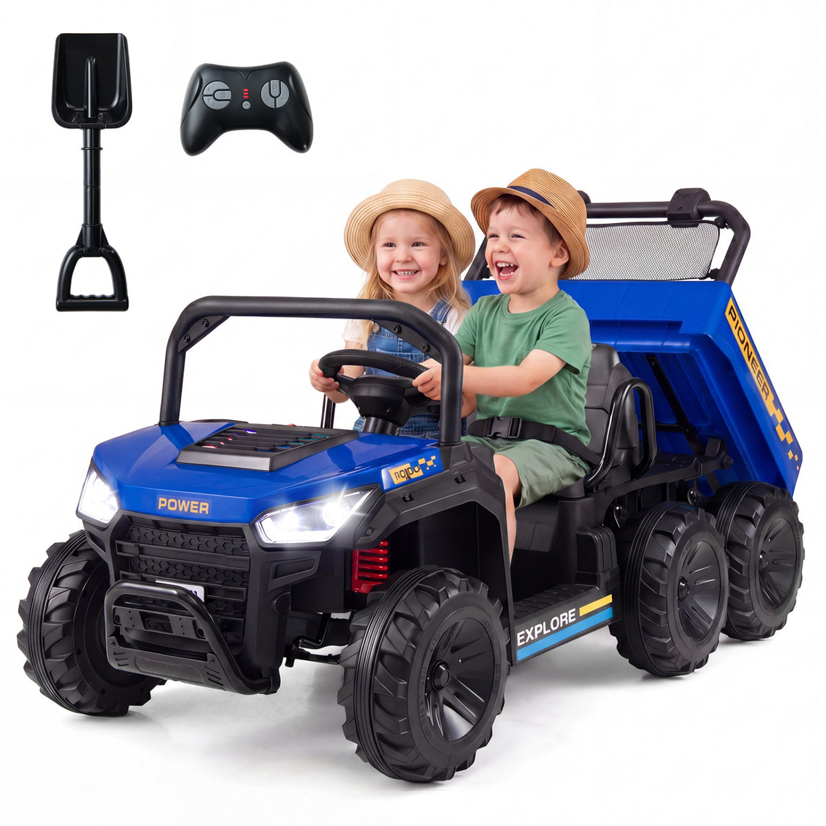24V 2-Seater Kids Ride on Dump Truck 4WD with Electric Dump Bed and Lights-Navy