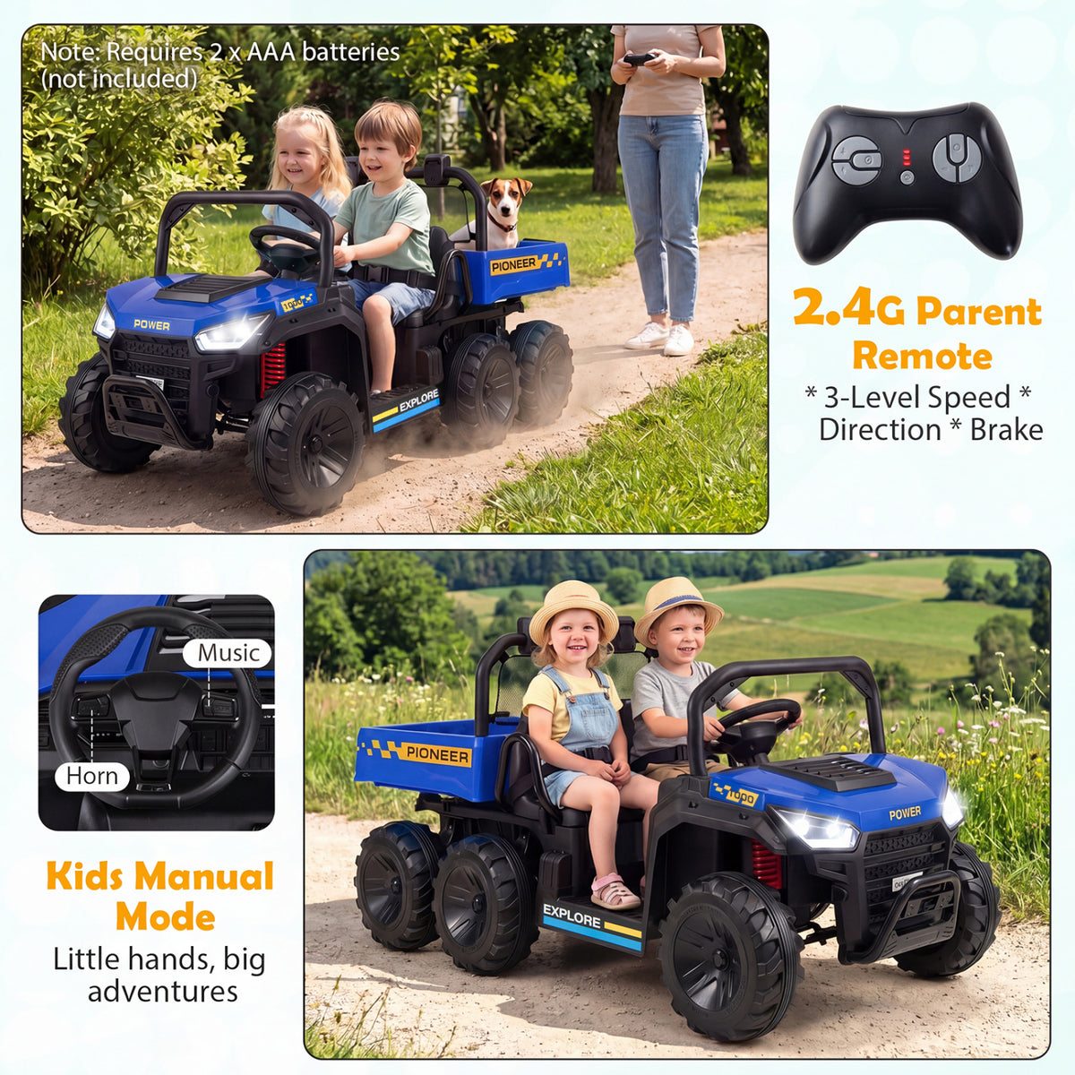 24V 2-Seater Kids Ride on Dump Truck 4WD with Electric Dump Bed and Lights-Navy