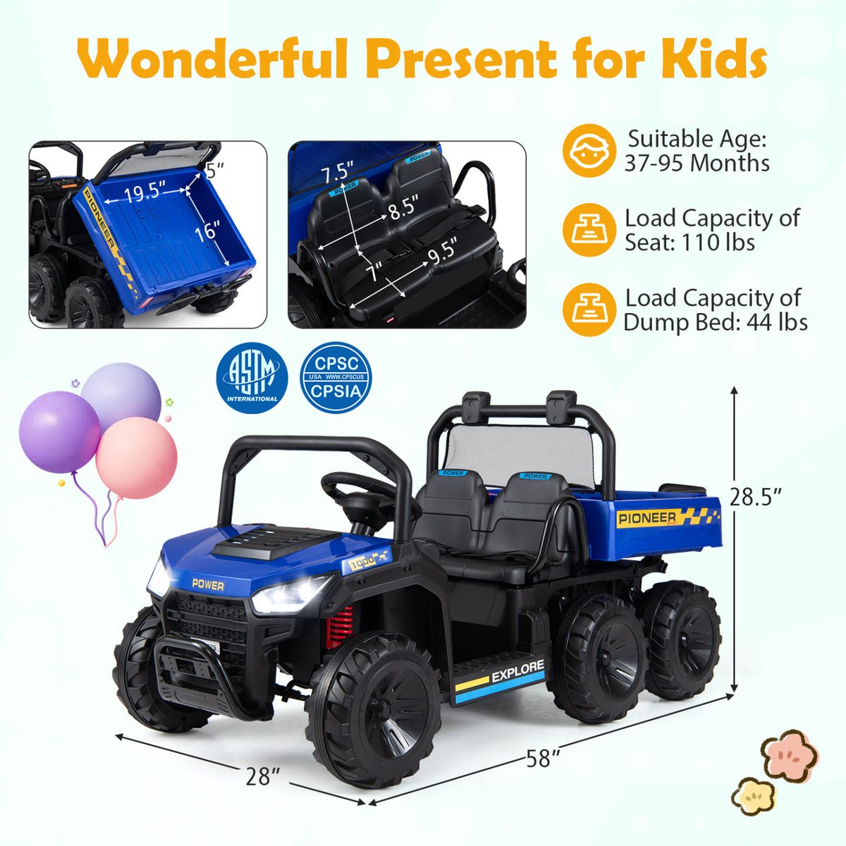 24V 2-Seater Kids Ride on Dump Truck 4WD with Electric Dump Bed and Lights-Navy