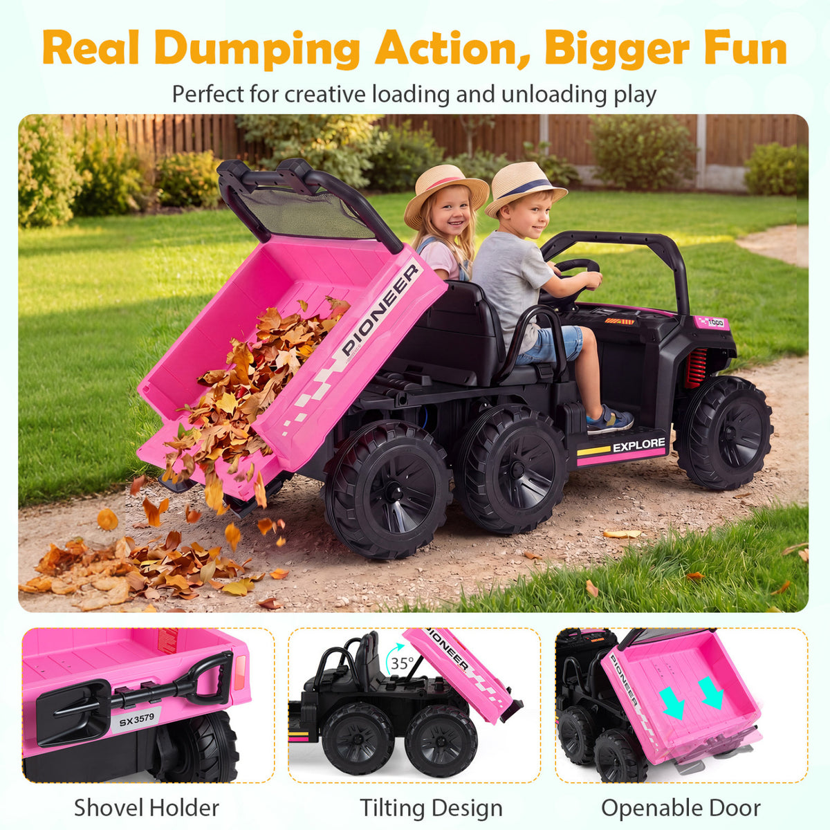 24V 2-Seater Kids Ride on Dump Truck 4WD with Electric Dump Bed and Lights-Pink