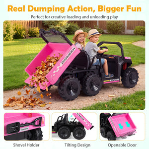 24V 2-Seater Kids Ride on Dump Truck 4WD with Electric Dump Bed and Lights-Pink