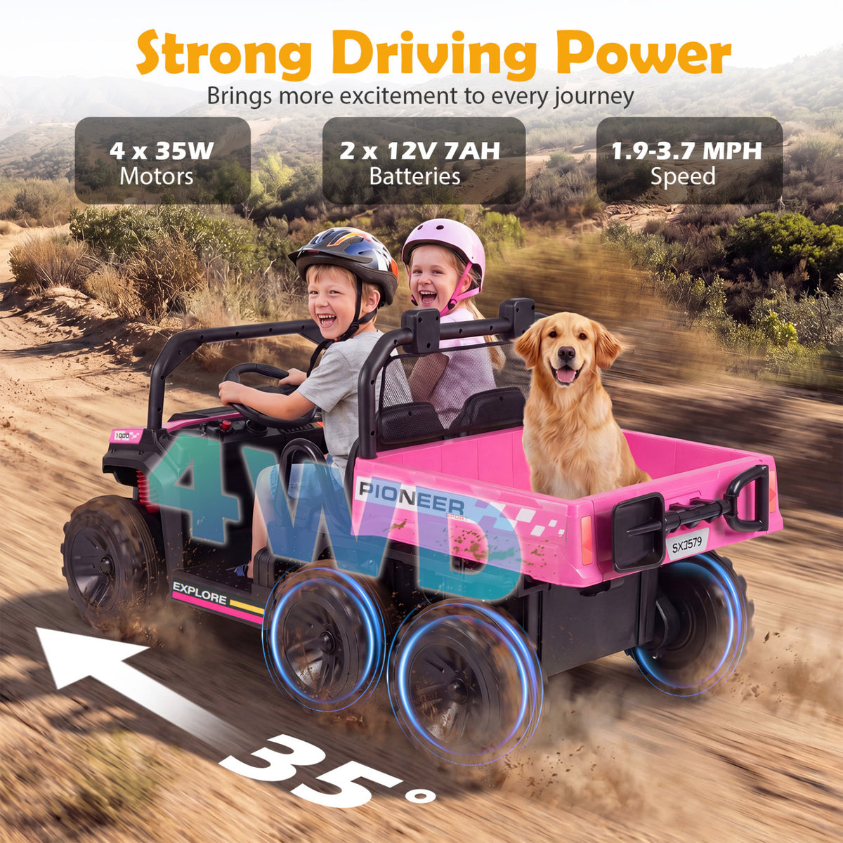 24V 2-Seater Kids Ride on Dump Truck 4WD with Electric Dump Bed and Lights-Pink
