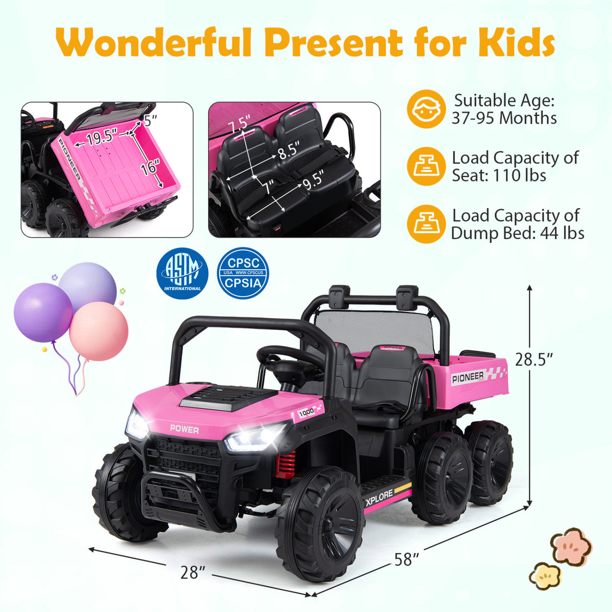 24V 2-Seater Kids Ride on Dump Truck 4WD with Electric Dump Bed and Lights-Pink