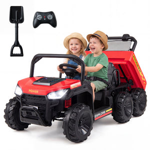 24V 2-Seater Kids Ride on Dump Truck 4WD with Electric Dump Bed and Lights-Red
