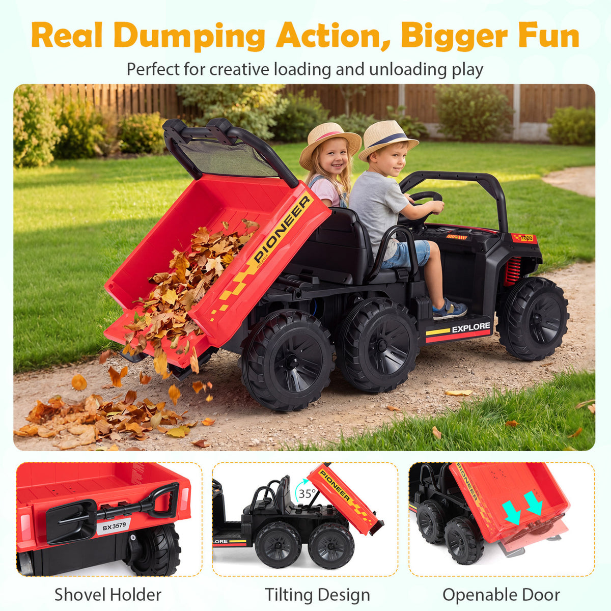 24V 2-Seater Kids Ride on Dump Truck 4WD with Electric Dump Bed and Lights-Red