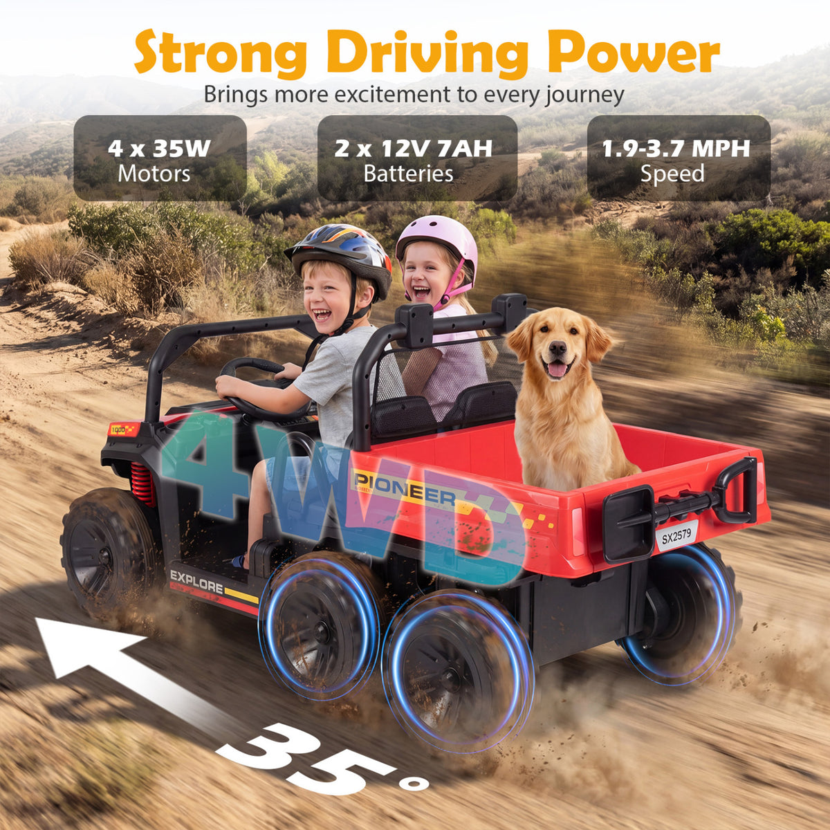 24V 2-Seater Kids Ride on Dump Truck 4WD with Electric Dump Bed and Lights-Red