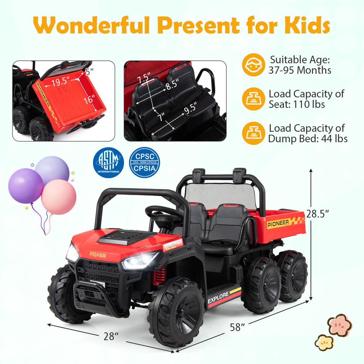 24V 2-Seater Kids Ride on Dump Truck 4WD with Electric Dump Bed and Lights-Red