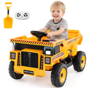 24V Construction Electric Vehicle with Dump Bed and Remote Control for Aged 3-8-Yellow