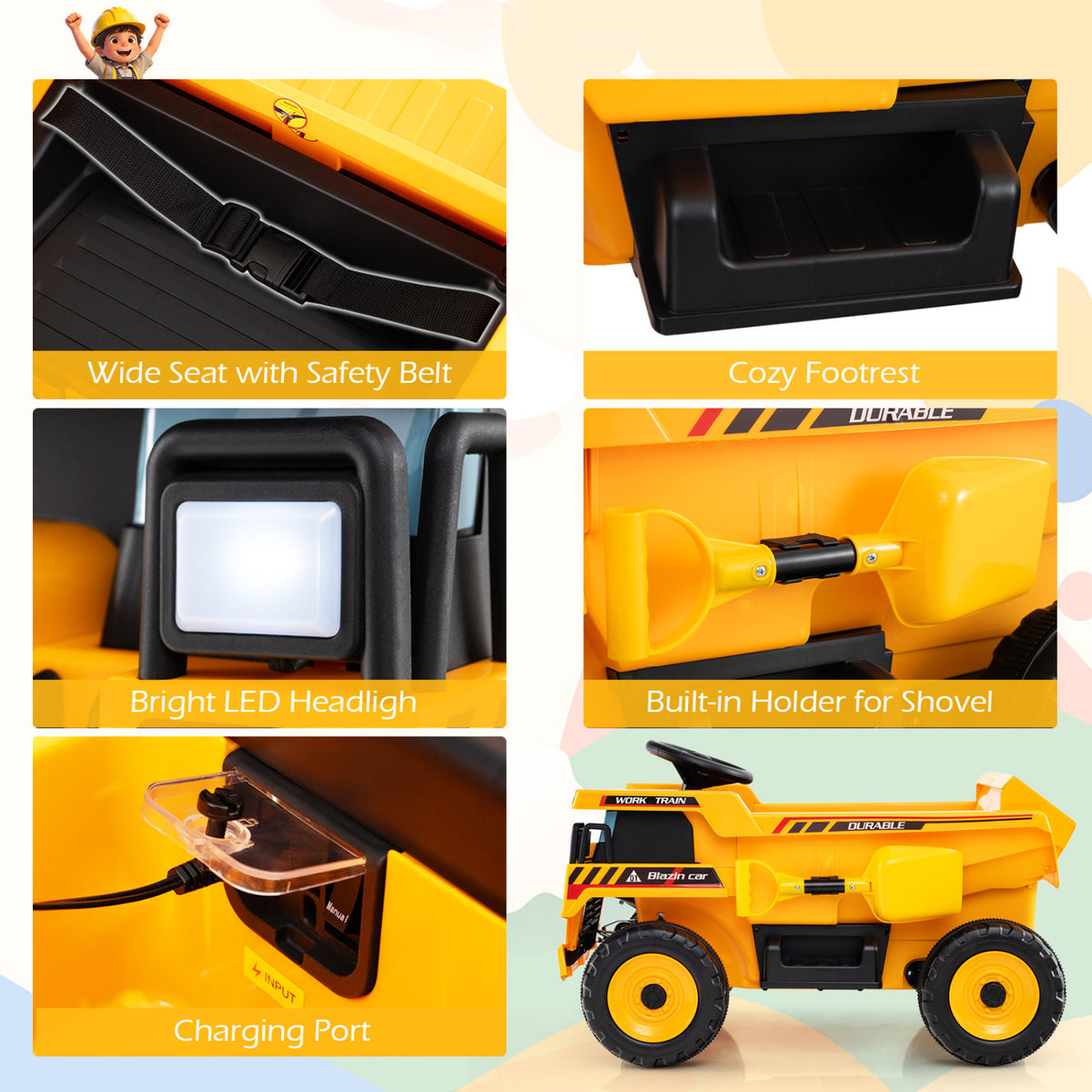 24V Construction Electric Vehicle with Dump Bed and Remote Control for Aged 3-8-Yellow