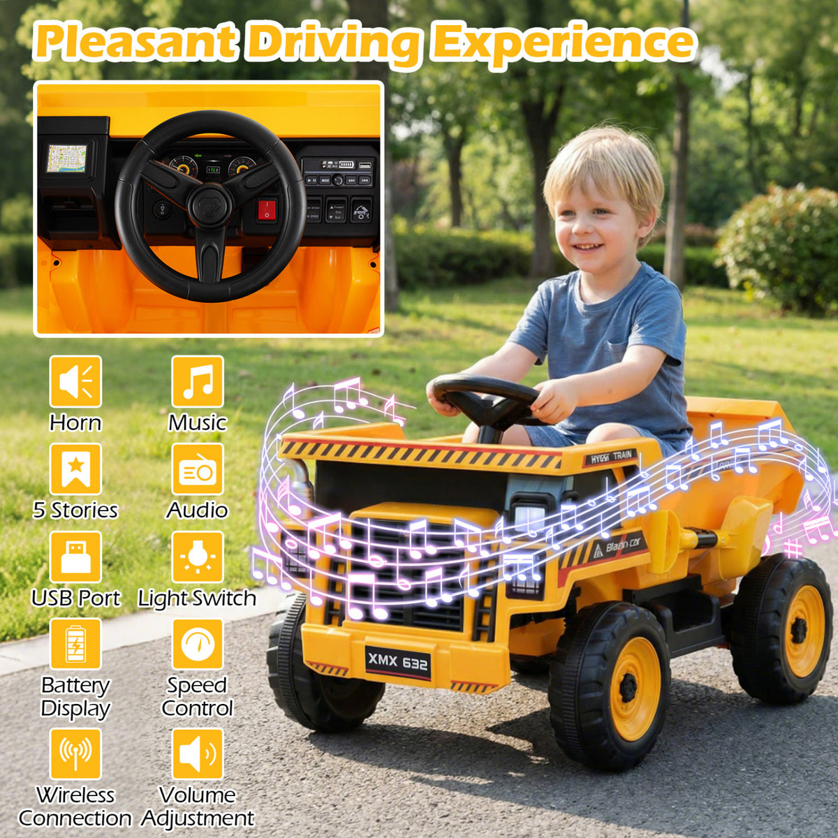 24V Construction Electric Vehicle with Dump Bed and Remote Control for Aged 3-8-Yellow