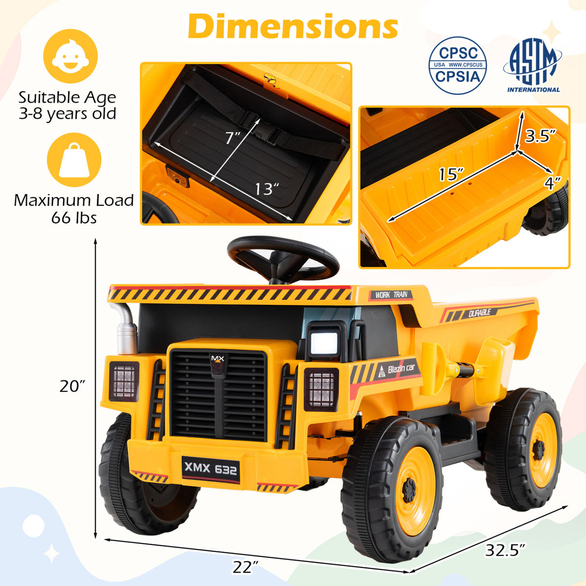 24V Construction Electric Vehicle with Dump Bed and Remote Control for Aged 3-8-Yellow