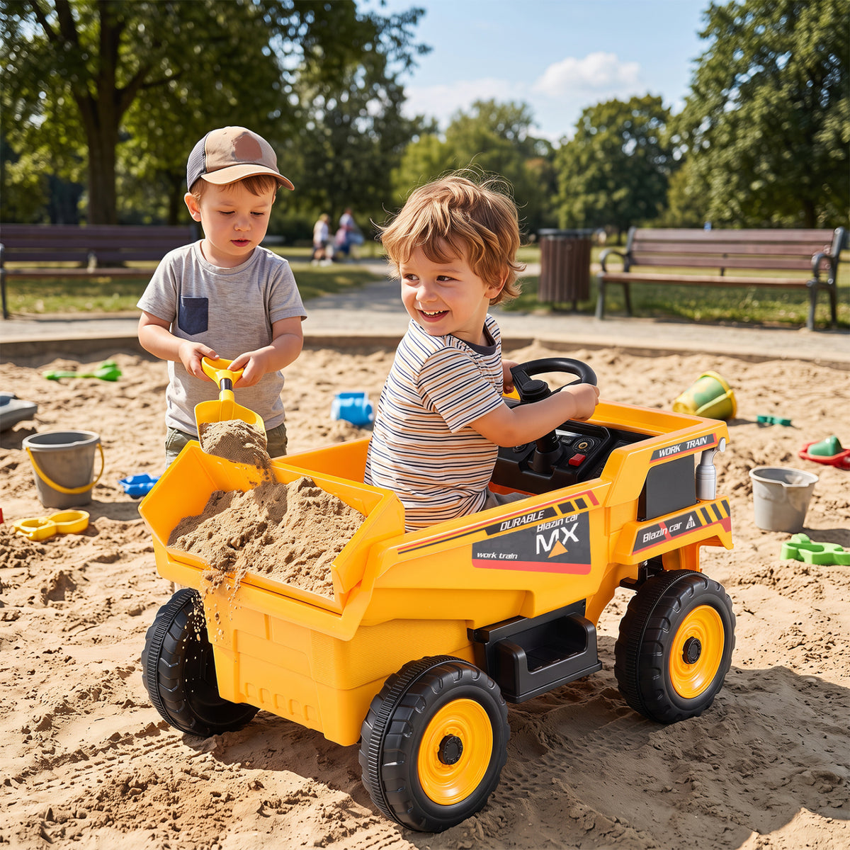 24V Construction Electric Vehicle with Dump Bed and Remote Control for Aged 3-8-Yellow