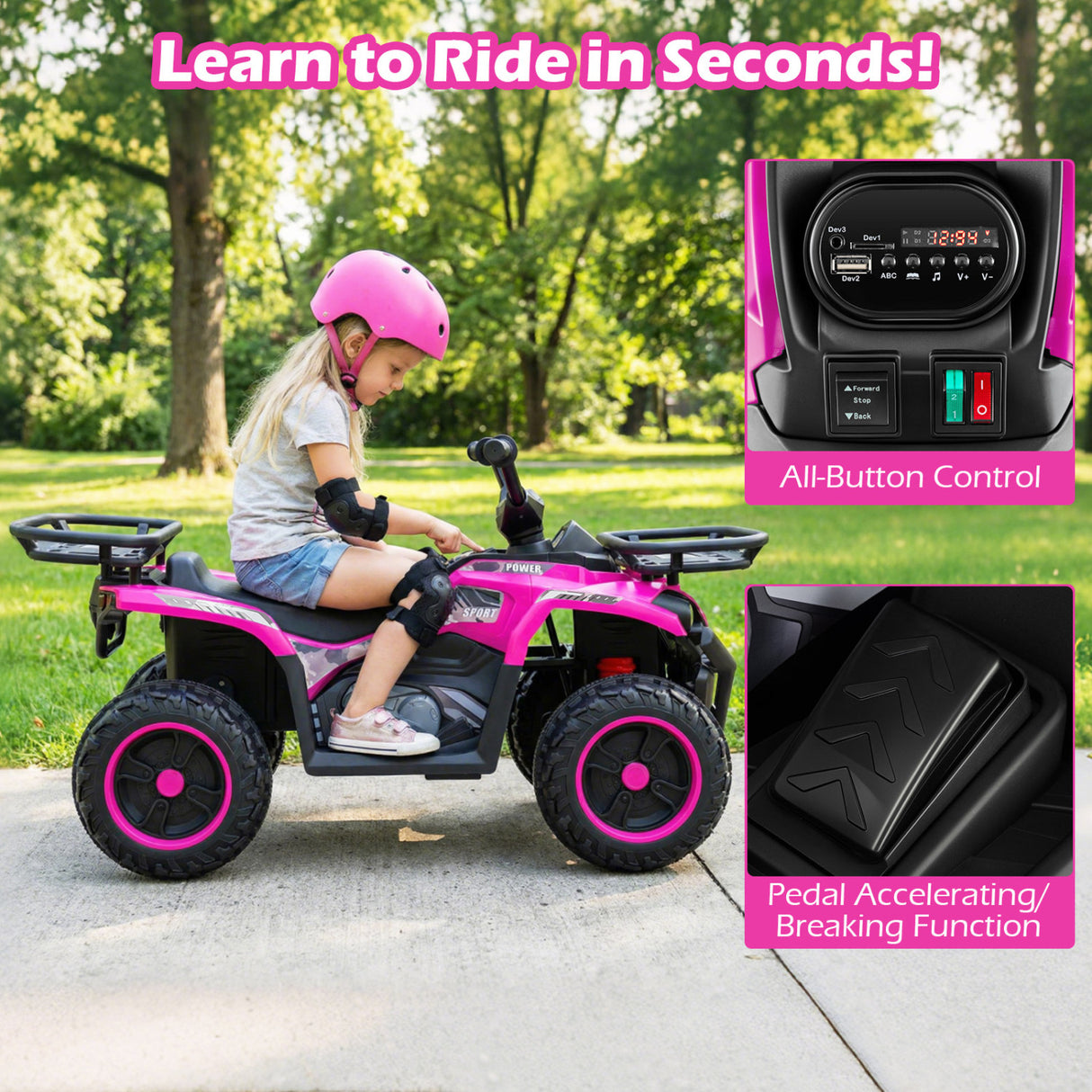 24V Electric Ride On Quad with LED Headlights-Pink