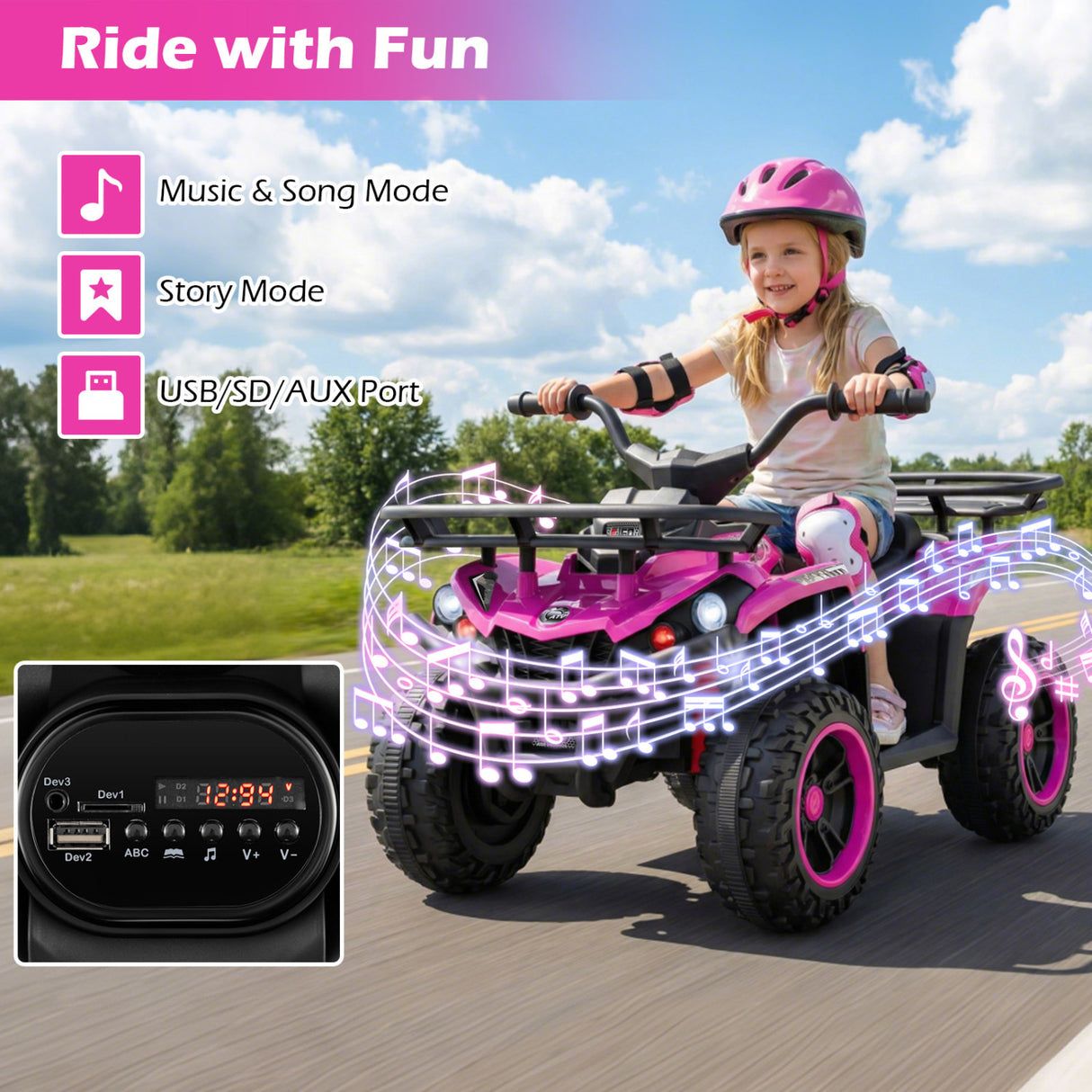 24V Electric Ride On Quad with LED Headlights-Pink