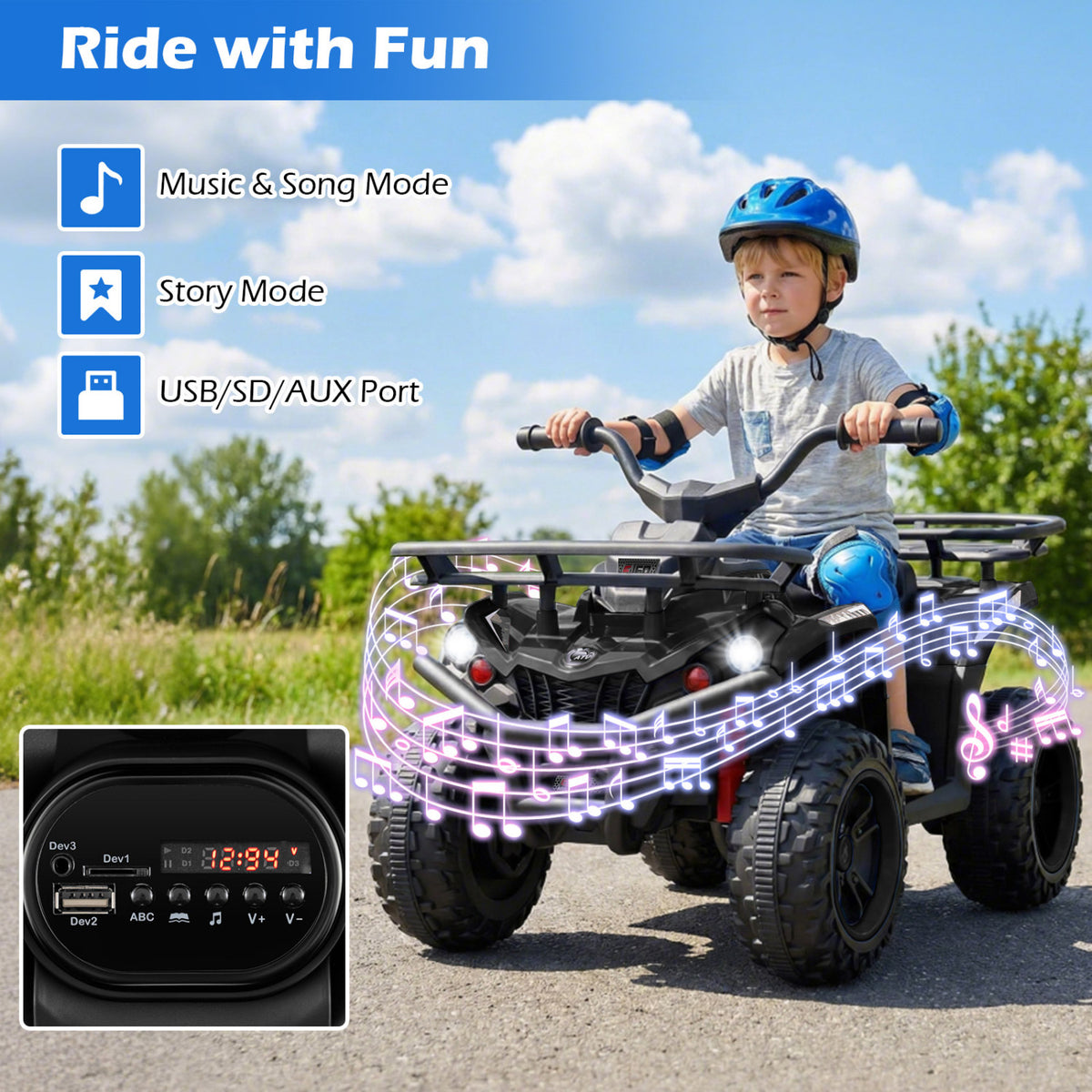 24V Electric Ride On Quad with LED Headlights-Black
