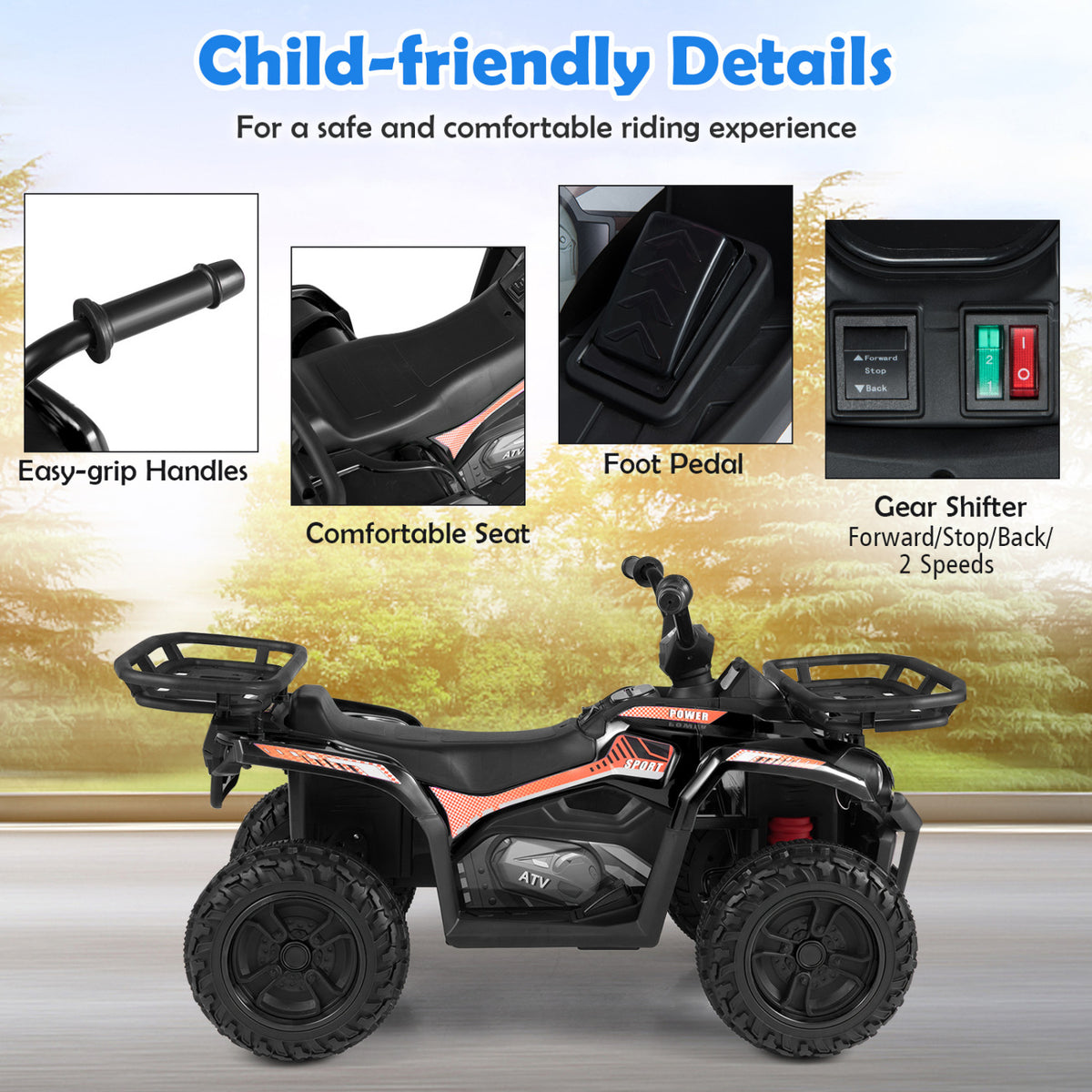 24V Electric Ride On Quad with LED Headlights-Black
