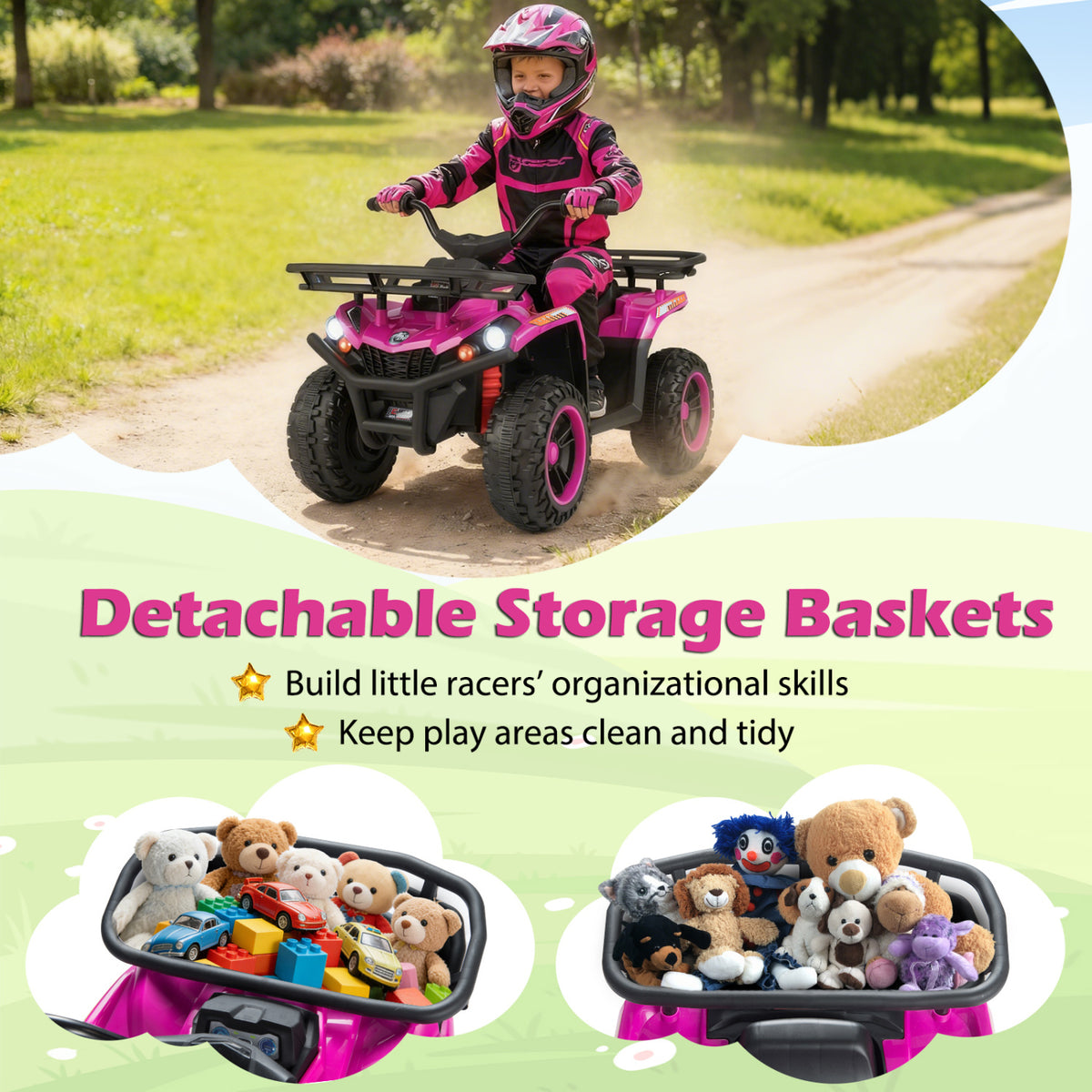 24V Electric Ride On Quad with LED Headlights-Black+Pink