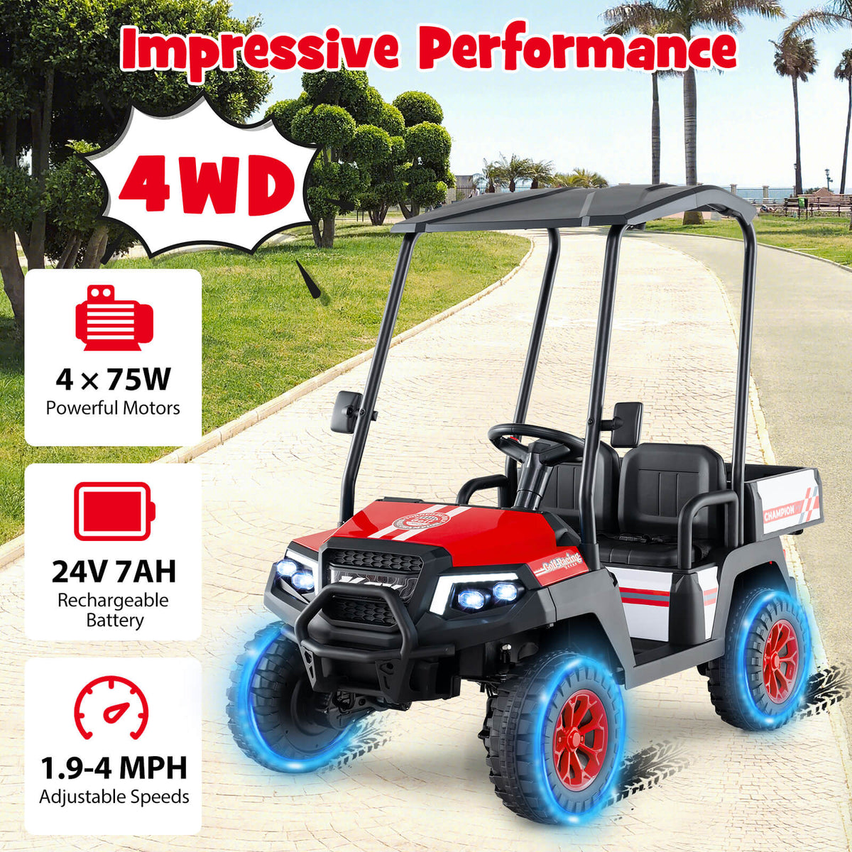 24V Kids Golf Cart 4WD 2-Seater Ride on Car with Storage Trunk and Horn-Red