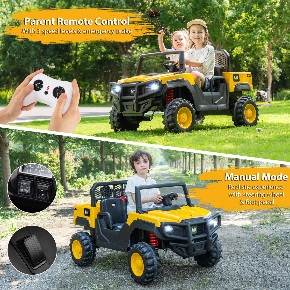 24V Ride On Dump Truck Licensed Caterpillar 2-Seater Kids Car with Remote Control-Yellow