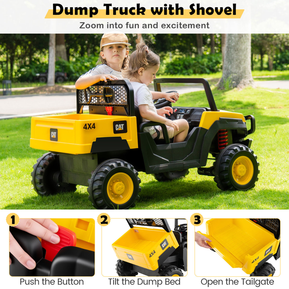 24V Ride On Dump Truck Licensed Caterpillar 2-Seater for Girls Boys-Yellow