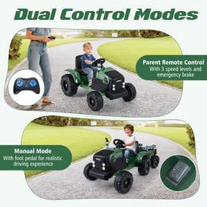 24V Ride On Tractor for Kids Electric Vehicle with Detachable Trailer and Remote Control-Dark Green