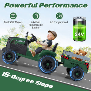 24V Ride On Tractor for Kids Electric Vehicle with Detachable Trailer and Remote Control-Dark Green
